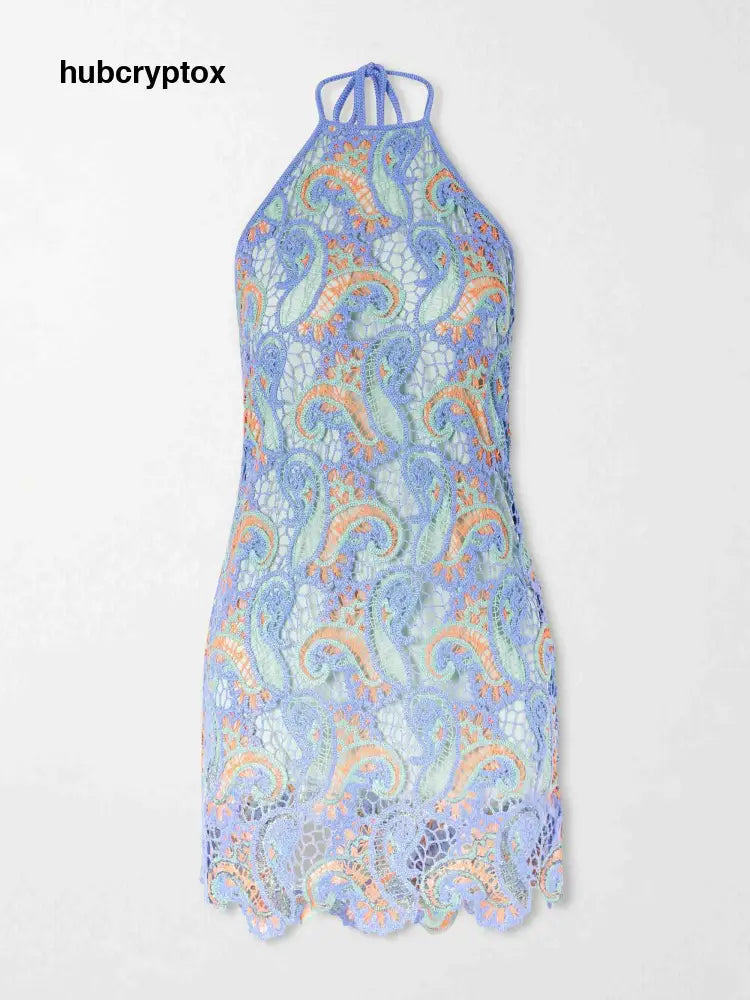 Exquisite Paisley Crocheted Halterneck Mini Dress