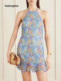 Exquisite Paisley Crocheted Halterneck Mini Dress - Blue / S