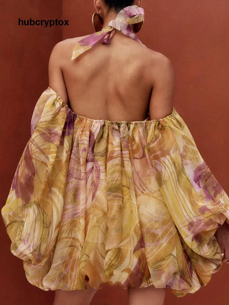 Exquisite Print Halter Neck Off-Shoulder Ruffled Bubble Mini Dress