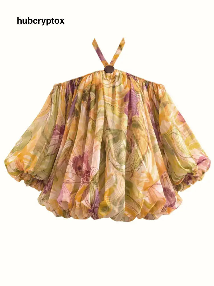 Exquisite Print Halter Neck Off-Shoulder Ruffled Bubble Mini Dress