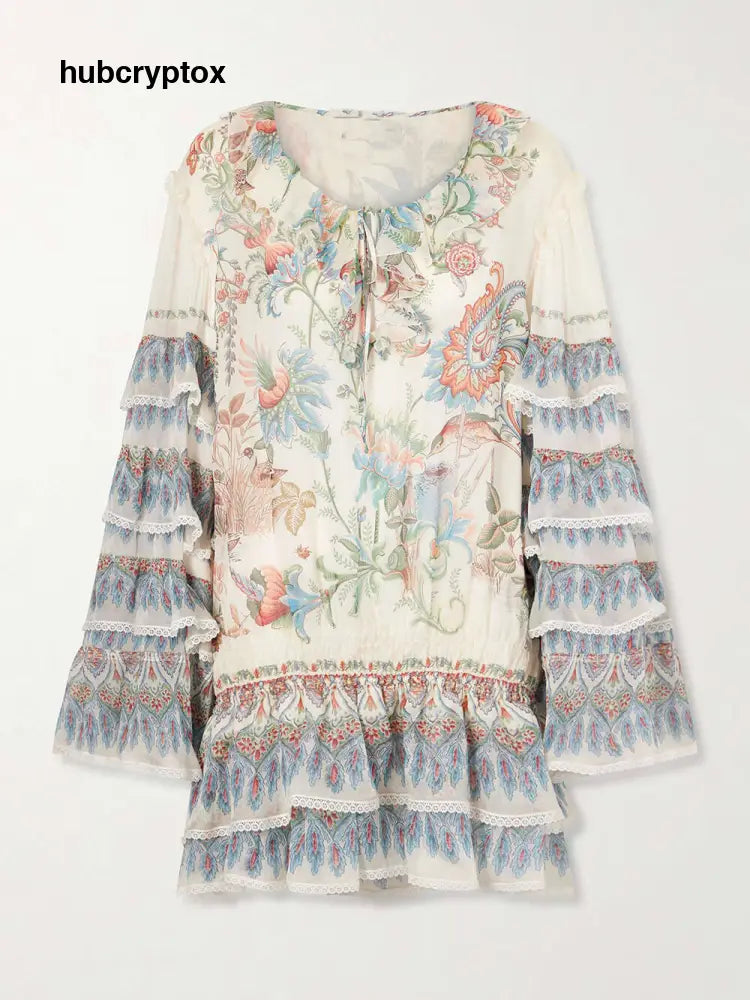 Exquisite Printed Layered Waist-cinching Mini Dress