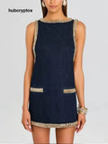 Fashion Sequin Embellished Denim Mini Dress - Blue / S