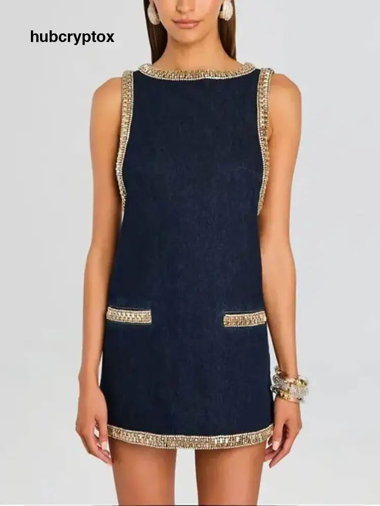 Fashion Sequin Embellished Denim Mini Dress - Blue / S