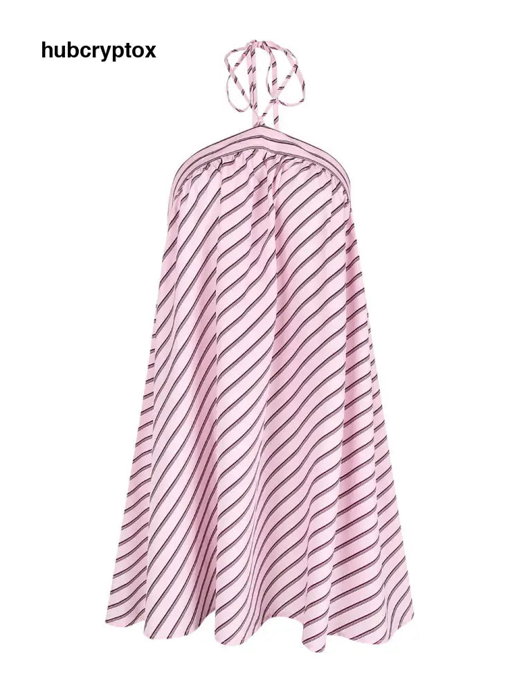 Fashion Striped Print Halter Backless Mini Dress