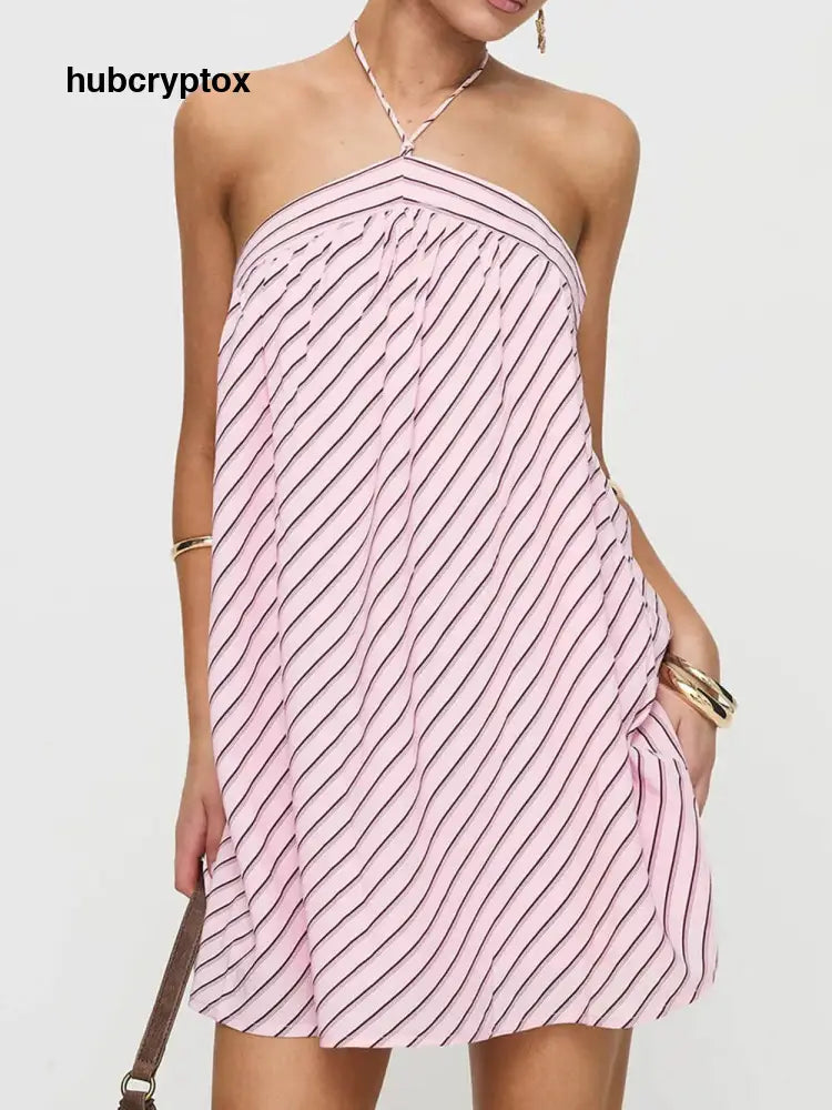Fashion Striped Print Halter Backless Mini Dress