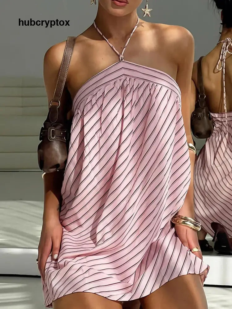 Fashion Striped Print Halter Backless Mini Dress - Pink / S