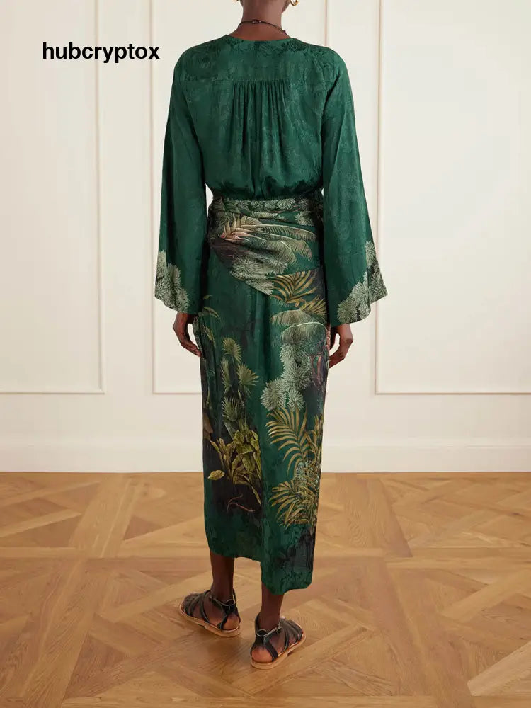 Fashionable Printed Satin Wrap Midi Dress