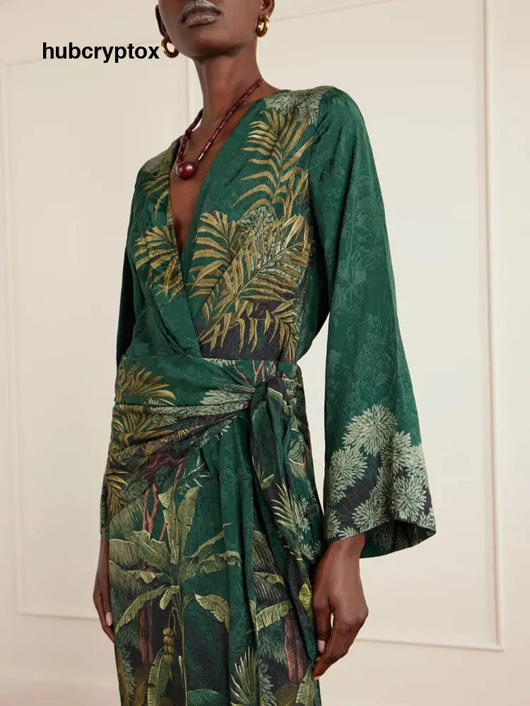 Fashionable Printed Satin Wrap Midi Dress