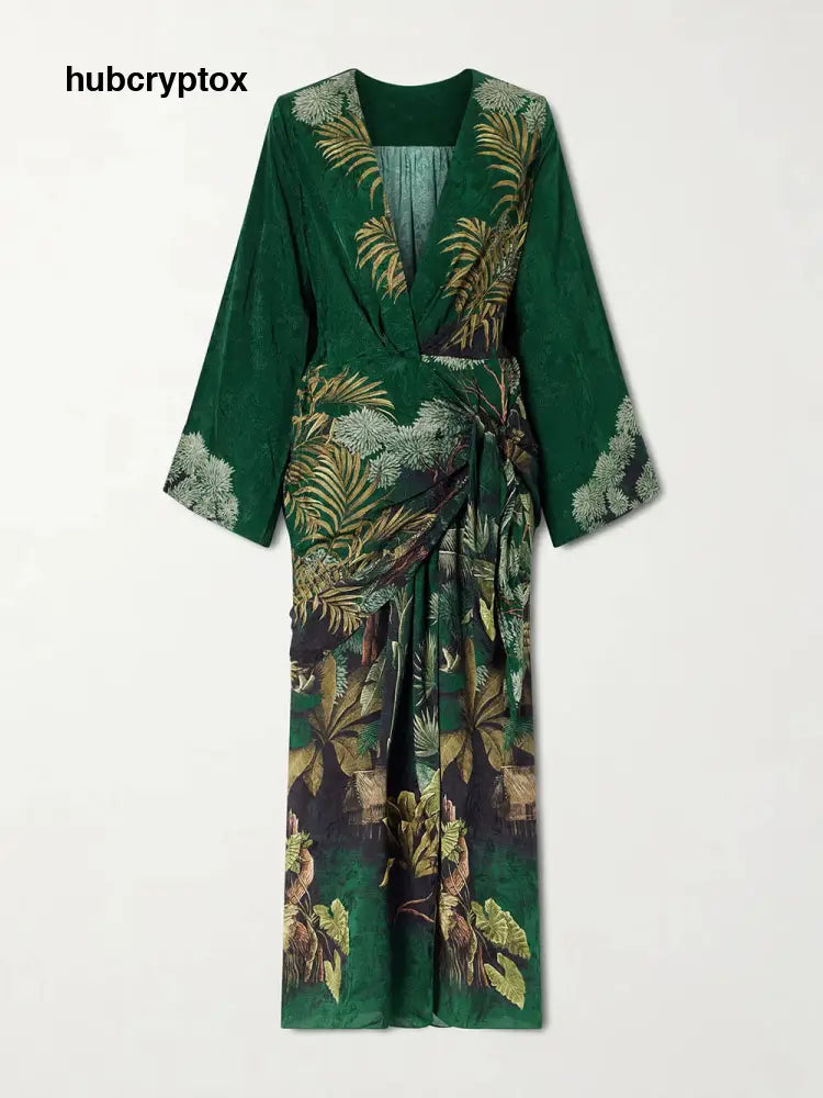 Fashionable Printed Satin Wrap Midi Dress