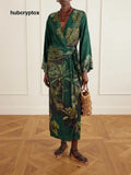 Fashionable Printed Satin Wrap Midi Dress - Dark Green / S