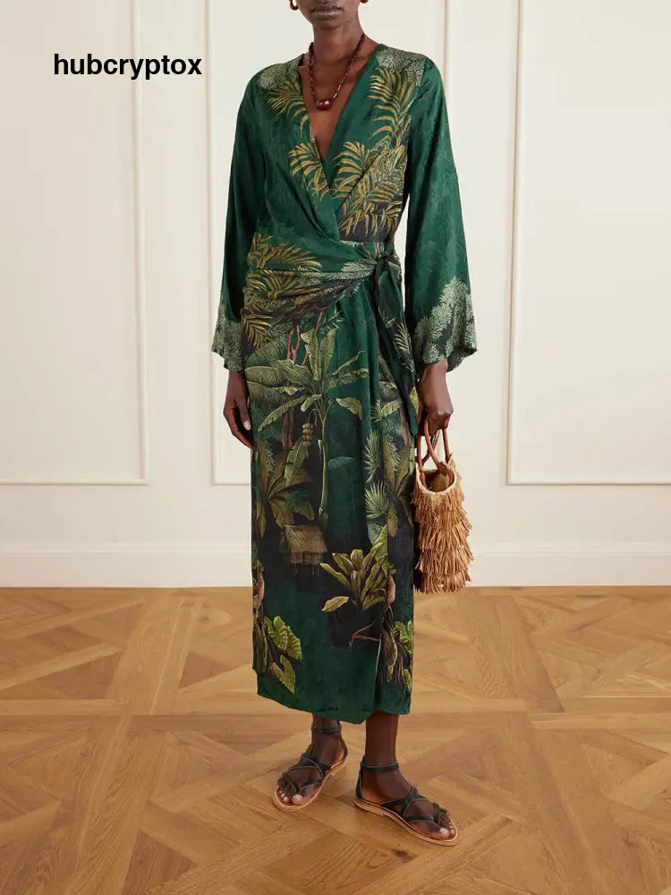Fashionable Printed Satin Wrap Midi Dress - Dark Green / S