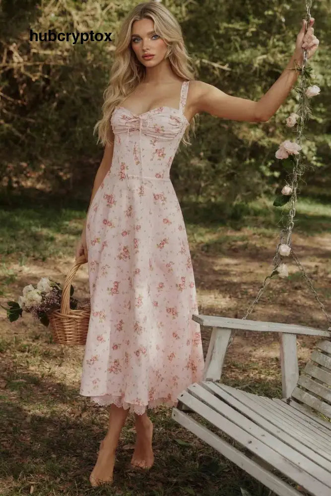 Floral Strap High-Waist A- Line Midi Dress