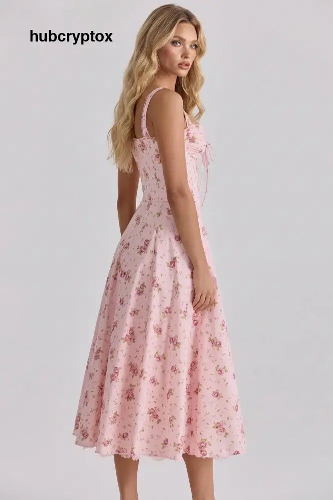 Floral Strap High-Waist A- Line Midi Dress