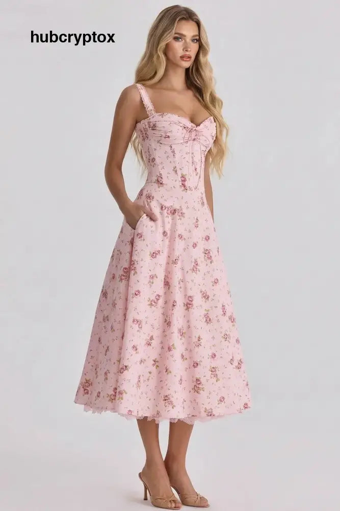 Floral Strap High-Waist A- Line Midi Dress