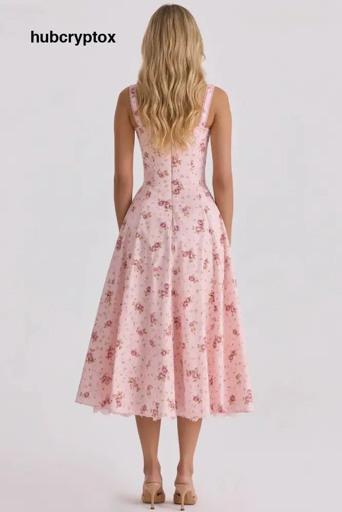 Floral Strap High-Waist A- Line Midi Dress