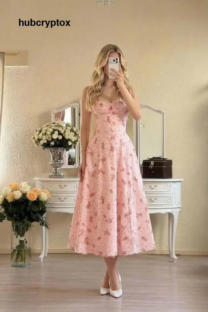 Floral Strap High-Waist A- Line Midi Dress