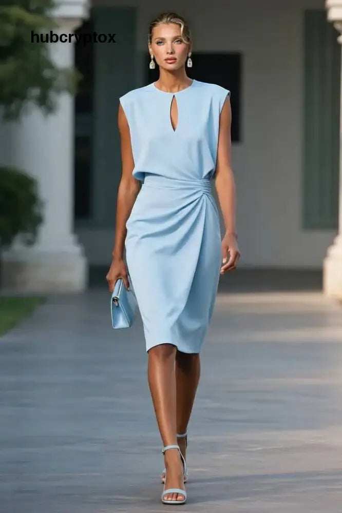 Hollow Design Pleated Midi Dress - Blue / S