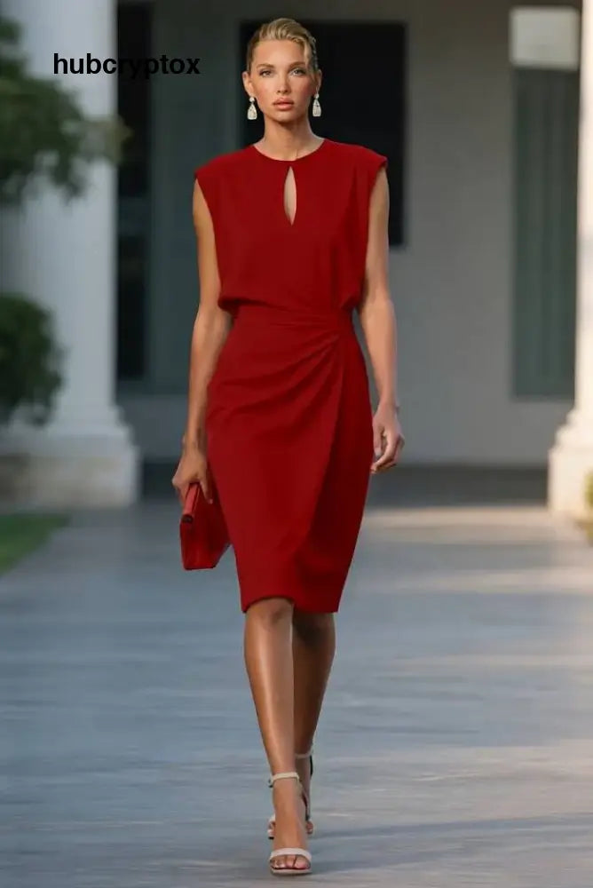 Hollow Design Pleated Midi Dress - Red / S