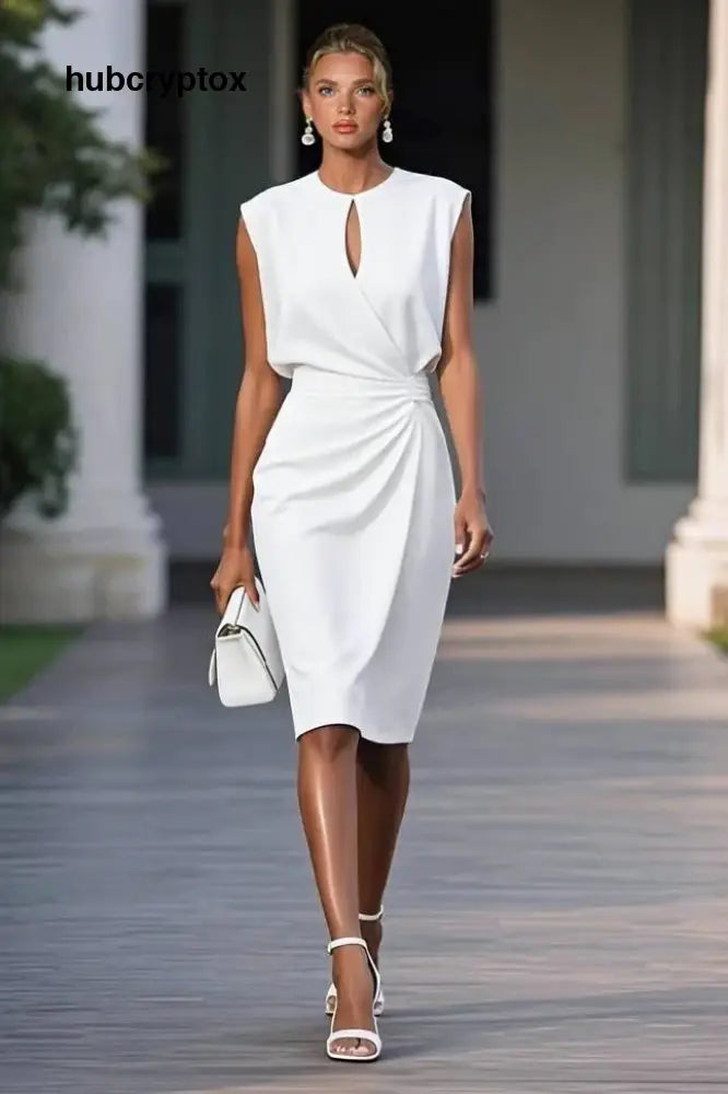 Hollow Design Pleated Midi Dress - White / S