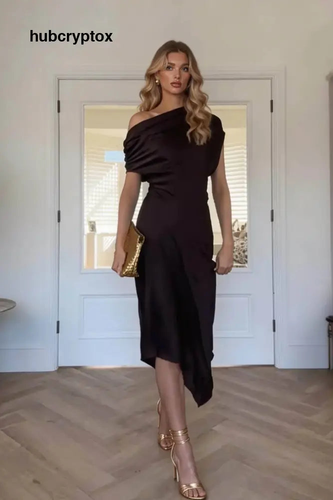 Off-Shoulder Pleated Irregular Midi Dress