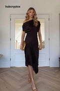 Off-Shoulder Pleated Irregular Midi Dress