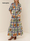 Retro Botanical Print Maxi Dress - Blue / S