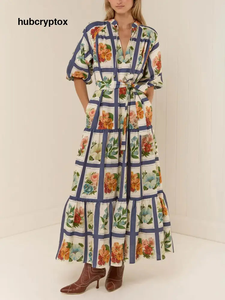 Retro Botanical Print Maxi Dress - Blue / S