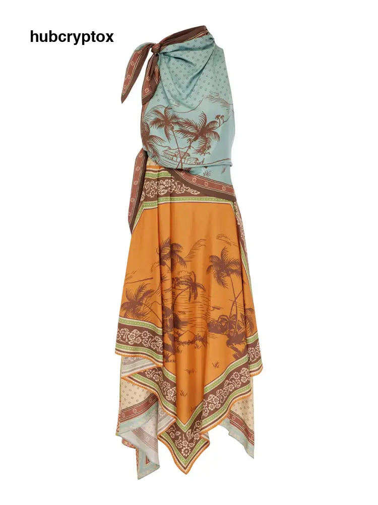 Retro Fashion Printed Scarf-Style Waist Tie Design Midi Dress