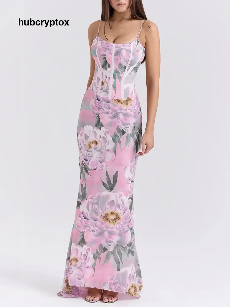 Retro Pink Floral Print Corset Maxi Dress