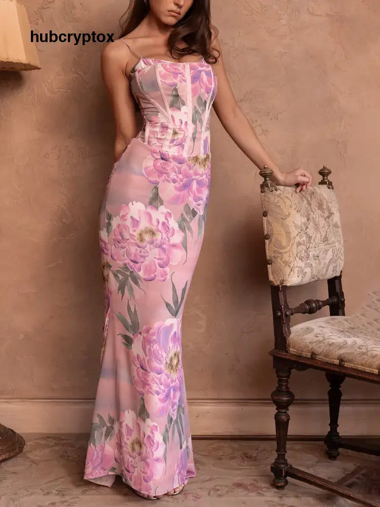 Retro Pink Floral Print Corset Maxi Dress