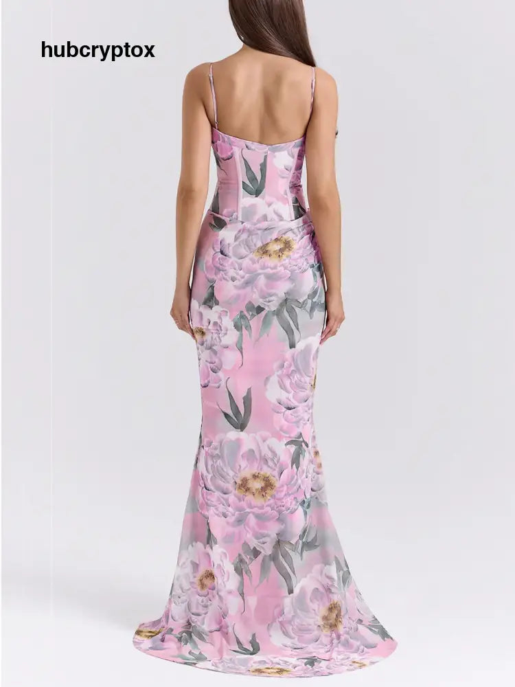 Retro Pink Floral Print Corset Maxi Dress