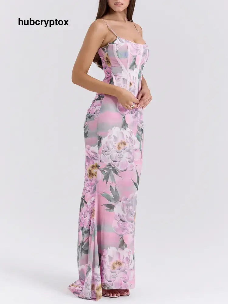 Retro Pink Floral Print Corset Maxi Dress