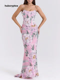 Retro Pink Floral Print Corset Maxi Dress - Pink / XS