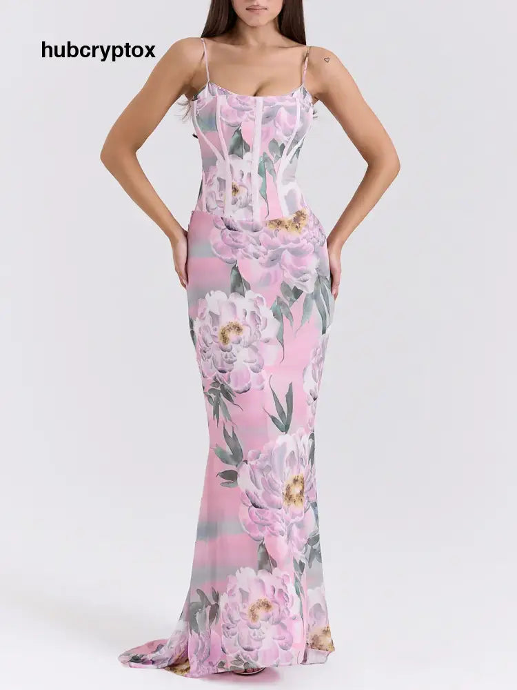 Retro Pink Floral Print Corset Maxi Dress - Pink / XS