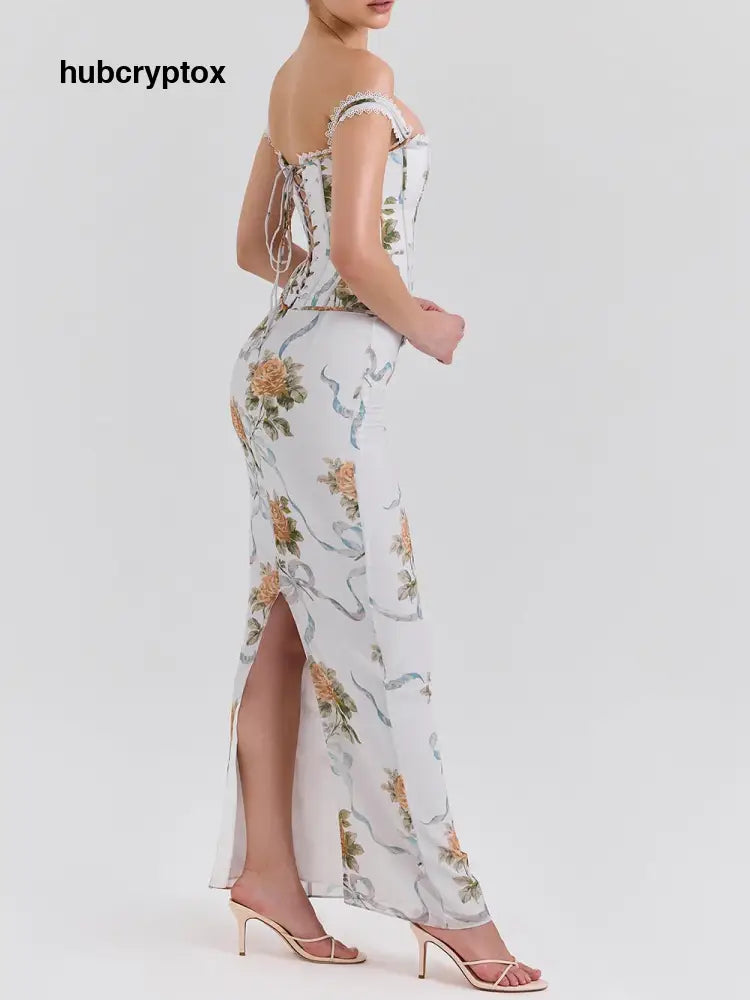 Retro Print Corset Maxi Dress