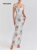 Retro Print Corset Maxi Dress - Blue / XS