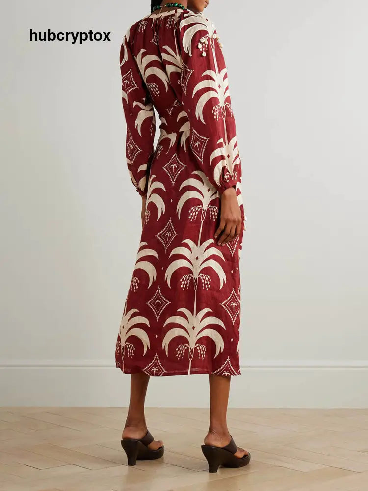 Retro Print Linen Tie-Waist Midi Dress