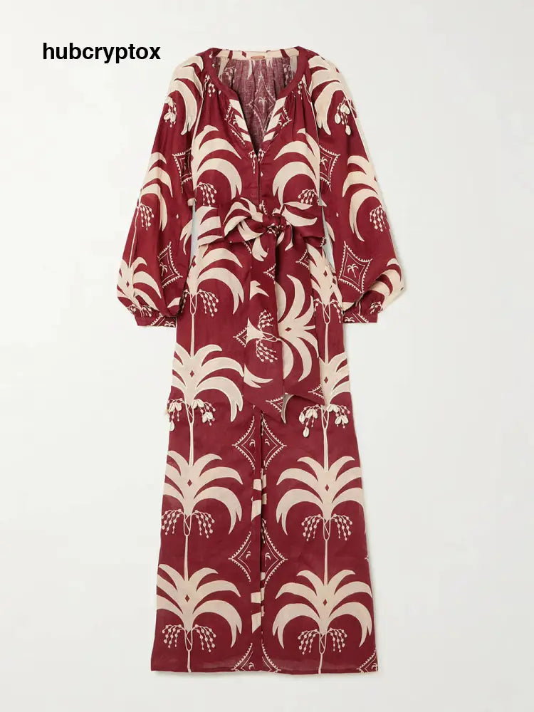 Retro Print Linen Tie-Waist Midi Dress