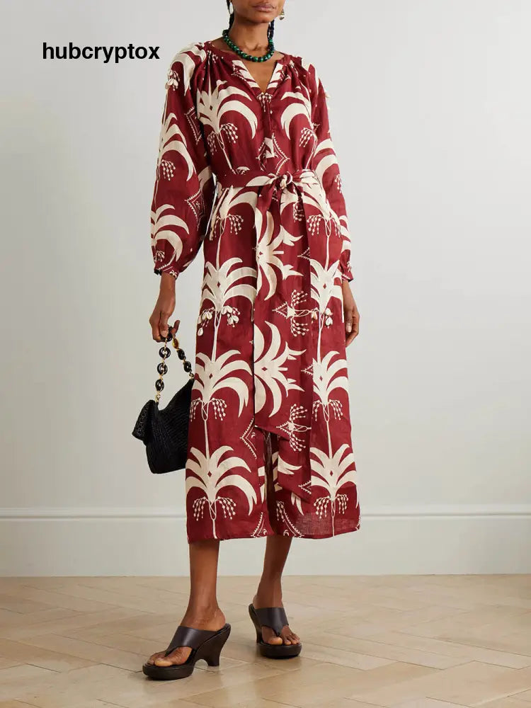 Retro Print Linen Tie-Waist Midi Dress - Red / S