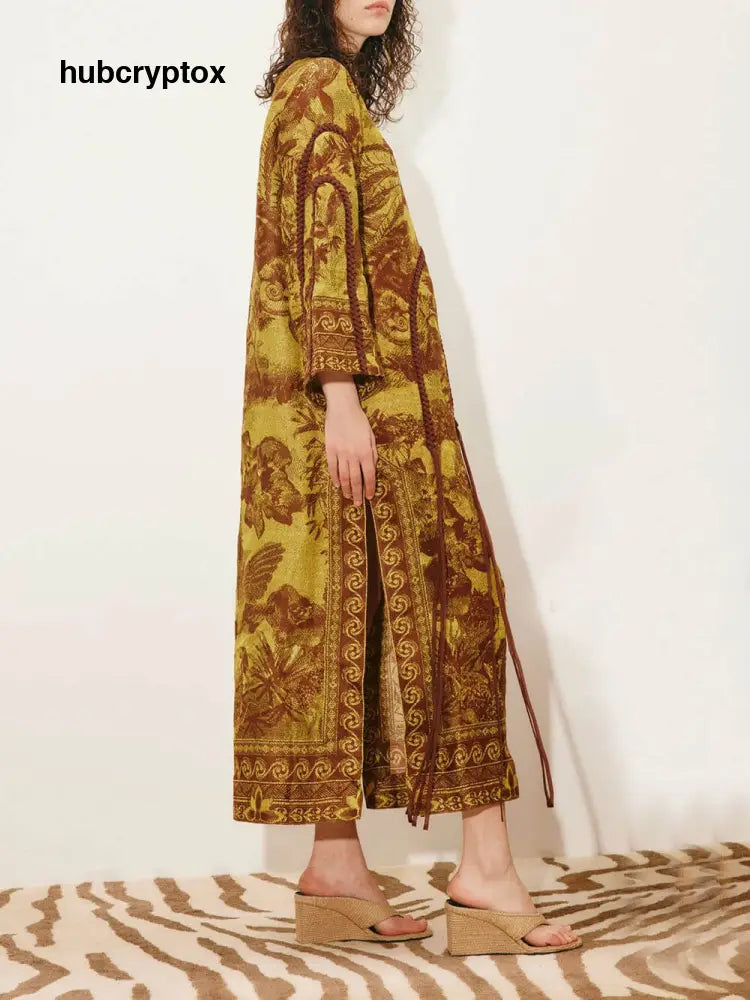 Retro Print Woven Tassel Loose Midi Dress