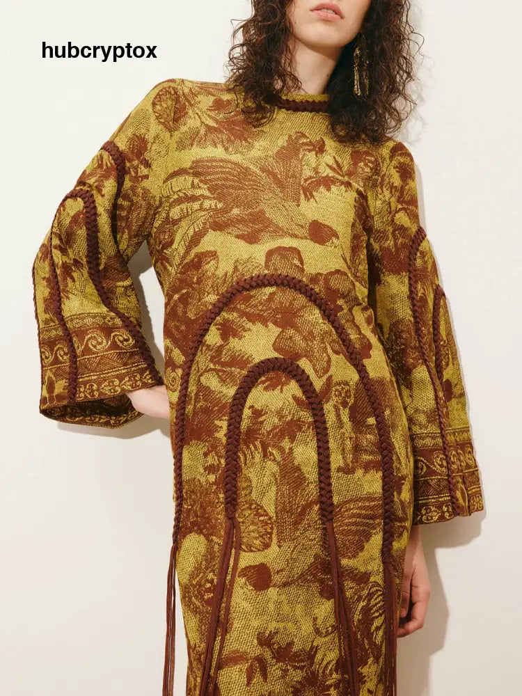 Retro Print Woven Tassel Loose Midi Dress