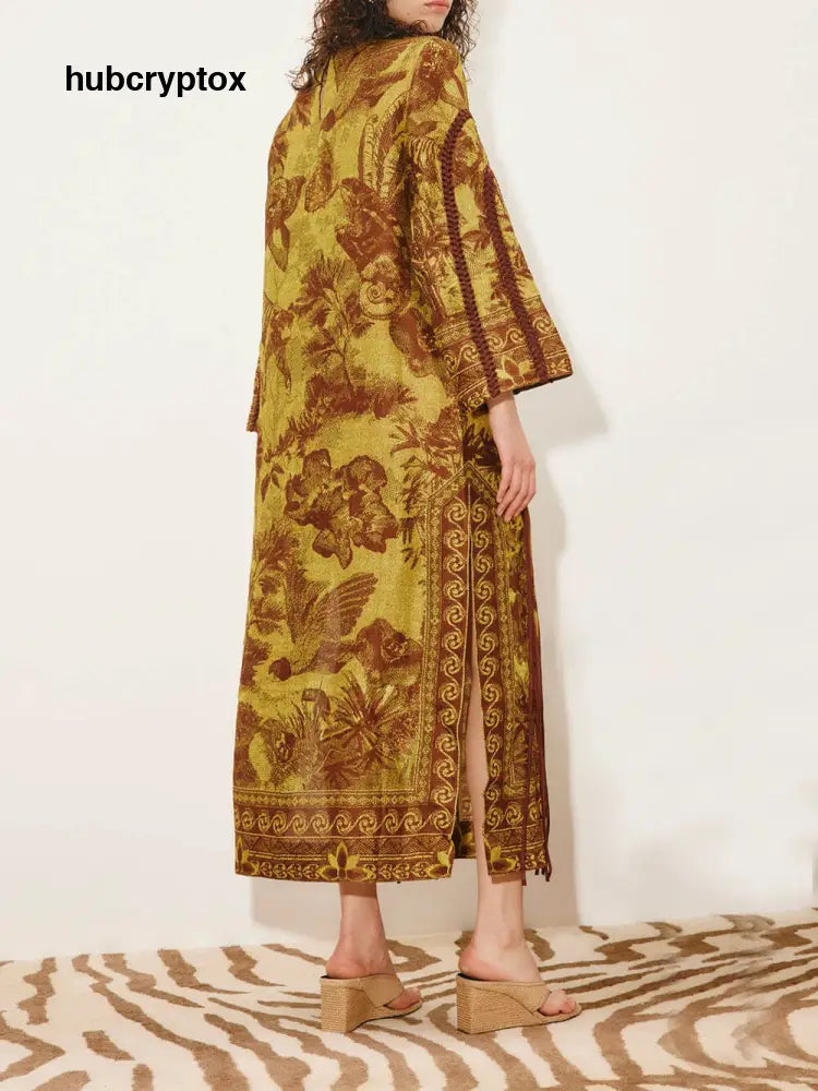 Retro Print Woven Tassel Loose Midi Dress
