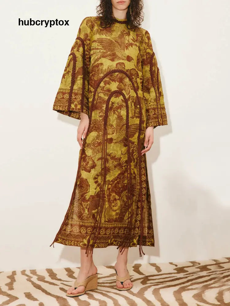 Retro Print Woven Tassel Loose Midi Dress - Multicolor / S