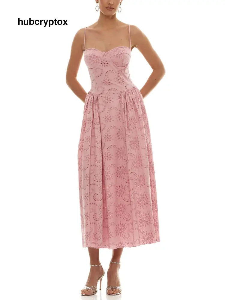 Romantic Embroidered Sweetheart Neck Spaghetti Strap Maxi Dress