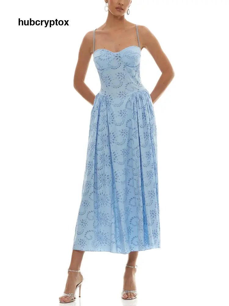 Romantic Embroidered Sweetheart Neck Spaghetti Strap Maxi Dress - Blue / S