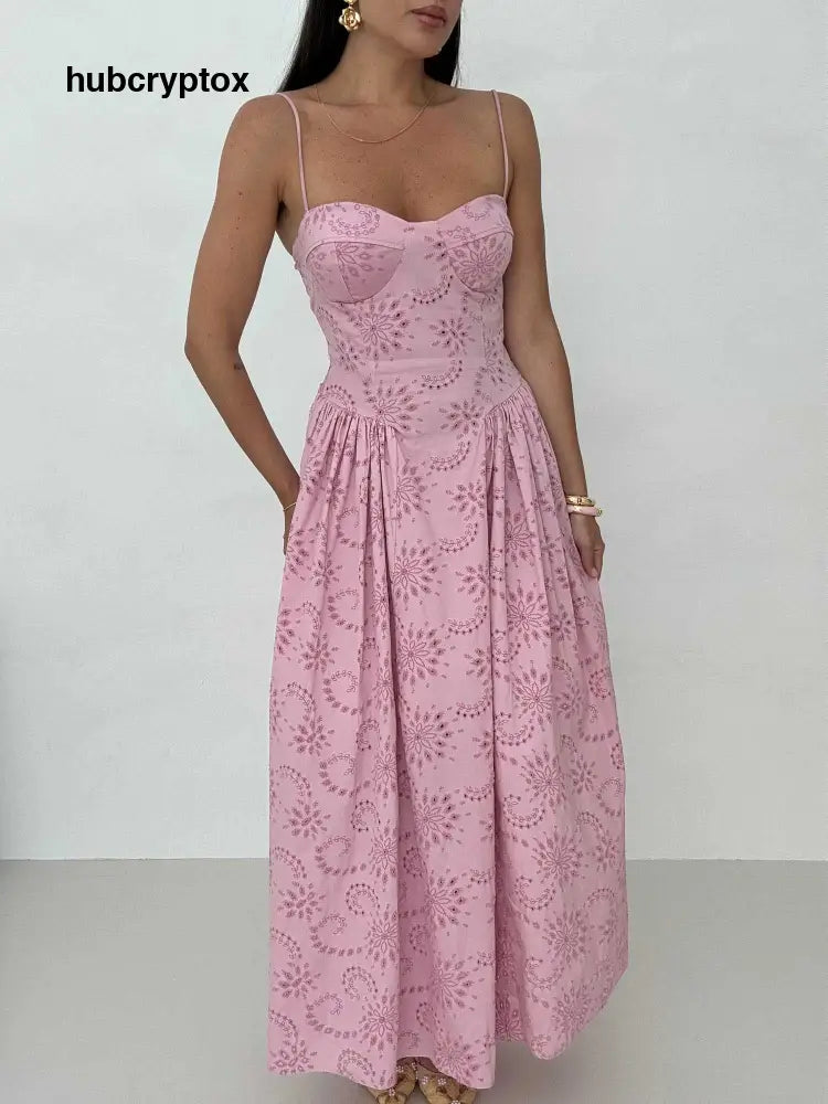 Romantic Embroidered Sweetheart Neck Spaghetti Strap Maxi Dress - Pink / S