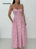 Romantic Embroidered Sweetheart Neck Spaghetti Strap Maxi Dress - Pink / S