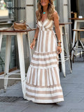 Summer Striped Print Patchwork Ruched Backless Maxi Dress - White / S