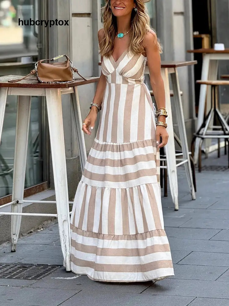 Summer Striped Print Patchwork Ruched Backless Maxi Dress - White / S