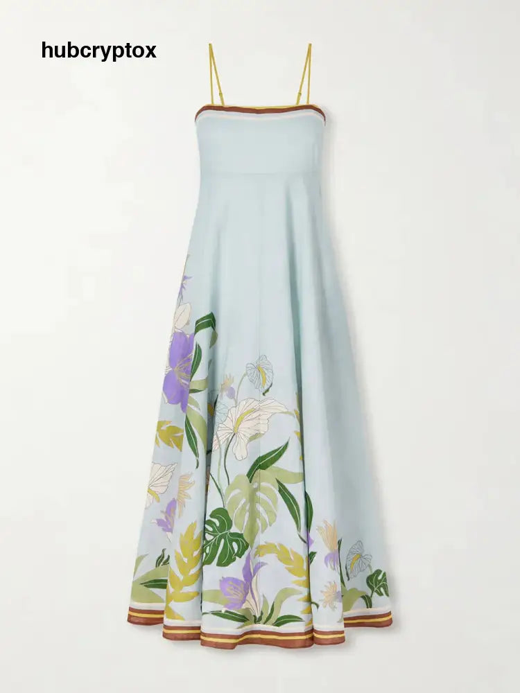 Unique Floral Print Linen Midi Dress